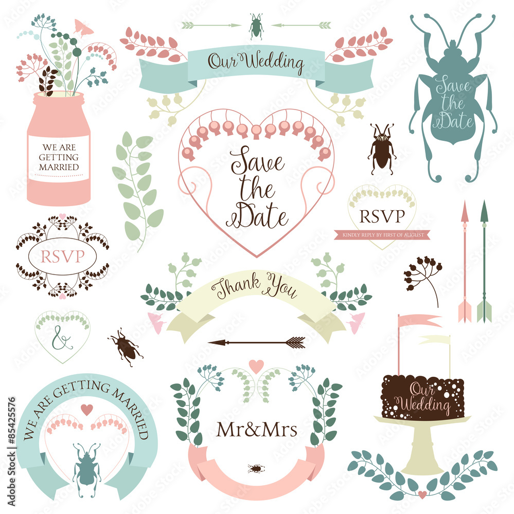 Wedding graphics set in retro style and pastel colors. Vintage wedding floral elements