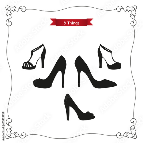 Set "5 things": women's shoes. Platform shoes, high-heeled shoes, sandals, summer shoes in black and white colors. Fashion women's shoes. Vector icons of lady's shoes. Modern collection of shoes.