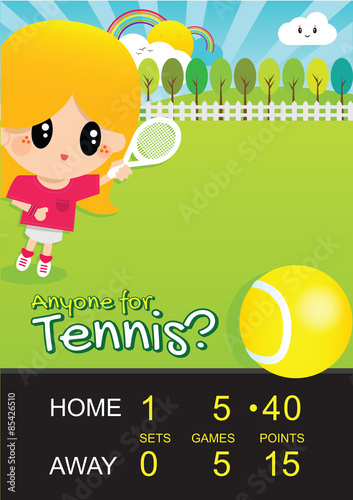 Girl Playing Tennis in Park with Score Board