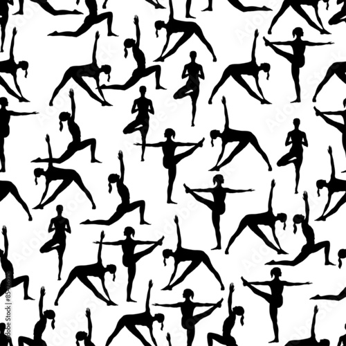 Seamless pattern. Yoga poses as seamless background. Background with women in black and white colors. Black and white seamless background with girls in yoga poses. Yoga background.