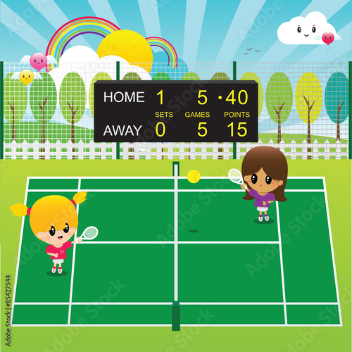 Active Girls Playing Tennis Outdoors in the Sunshine