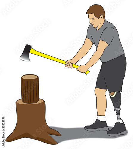 Amputee Splitting firewood with axe