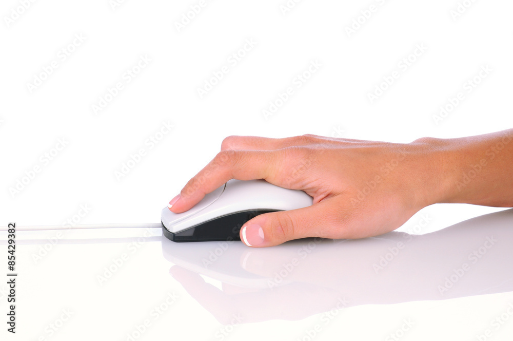 Woman holding Mouse on White with reflection Woman holding Mouse on White with reflection