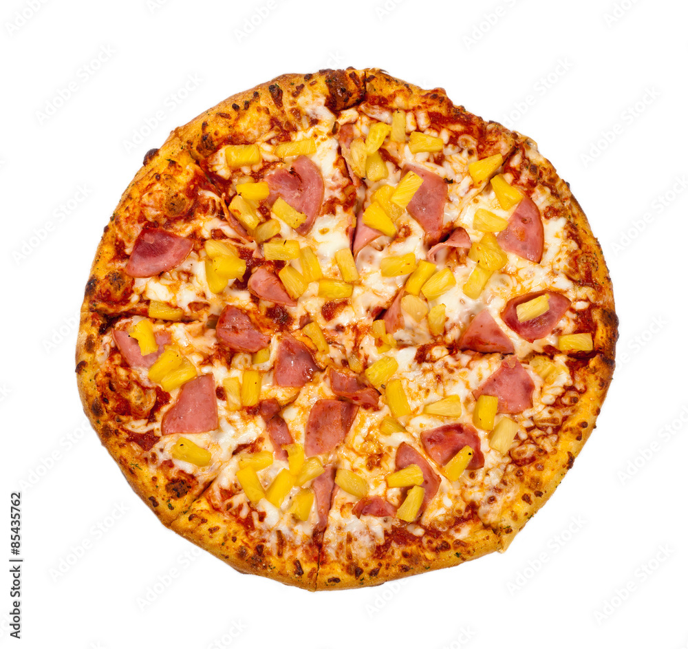 Hawaiian Ham and Pineapple Pizza isolated on white background