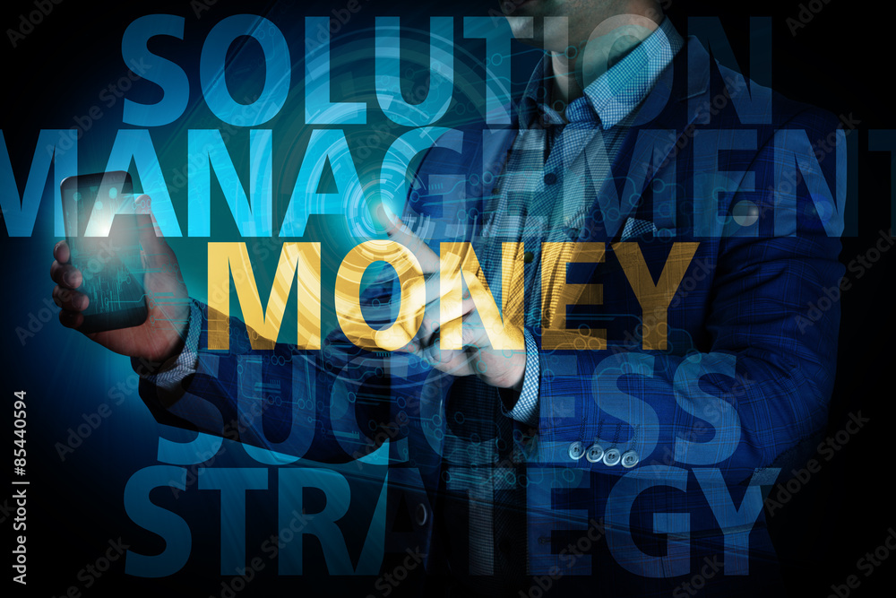 Businessman presses button money on virtual screens. Business, t Businessman presses button money on virtual screens. Business, t