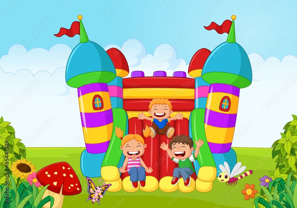 Cartoon little kid playing slide on the inflatable balloon Stock Vector ...