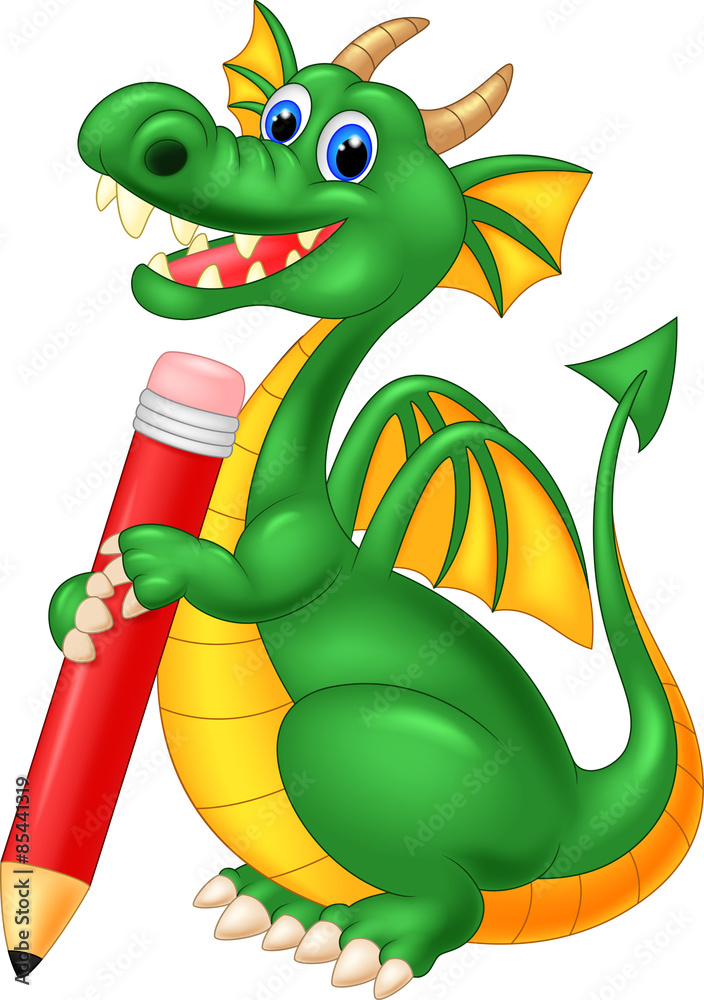 Fototapeta premium Cartoon cute dragon holding red pencil