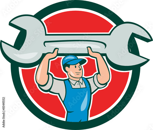 Mechanic Lifting Spanner Wrench Circle Cartoon