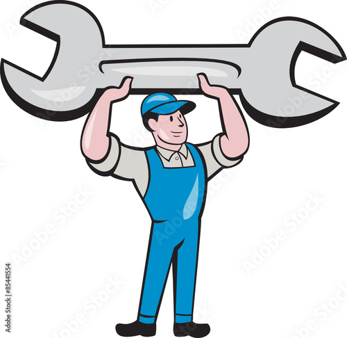 Mechanic Lifting Spanner Wrench Cartoon