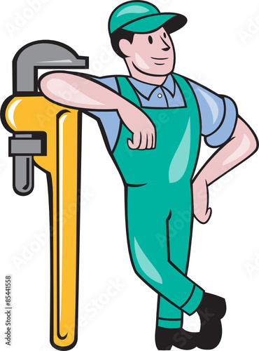 Plumber Leaning Monkey Wrench Isolated Cartoon