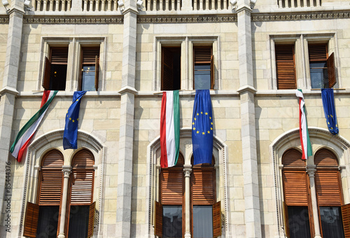 Photography Hungarian and European Union flags on the wall of the parliament building, Budap