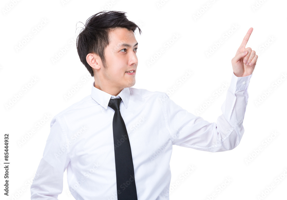 Asian businessman touch on the imaginary panel Asian businessman touch on the imaginary panel