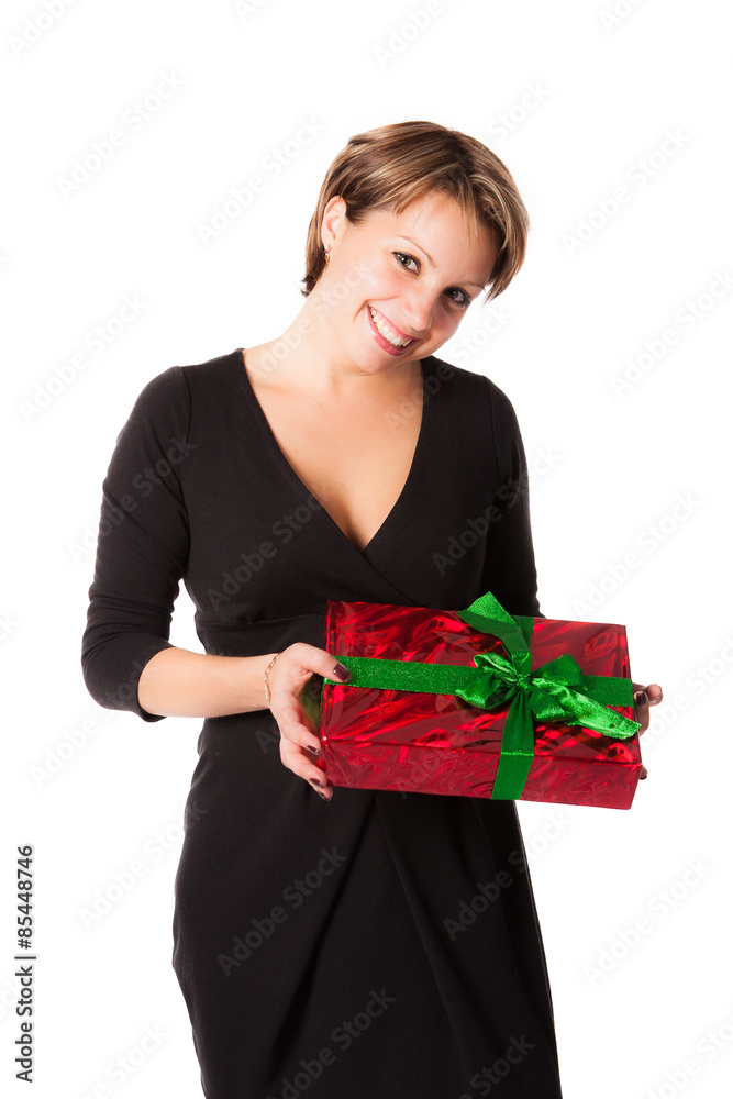 Beautiful woman in black dress standing with red gift box Beautiful woman in black dress standing with red gift box
