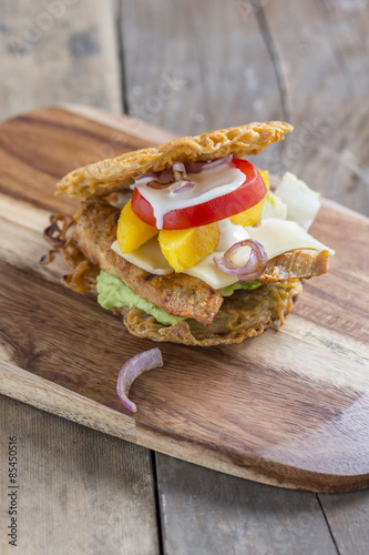 Photography Burger with ramen noodles