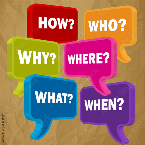 speech bubbles in perspective colorful questions on a crumpled paper brown background