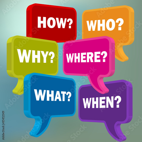 speech bubbles in perspective colorful questions on a blue bokeh background