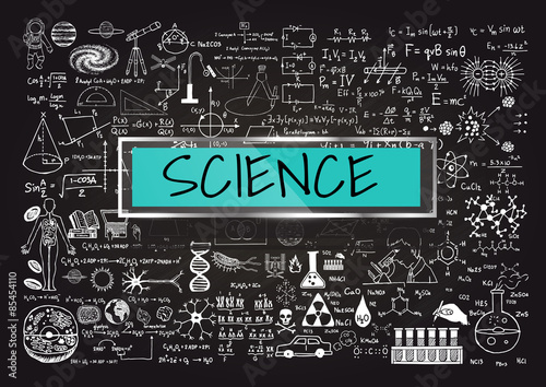 Hand drawn about Mathematics on chalkboard with the world SCIENCE in transparent frame with blue background.