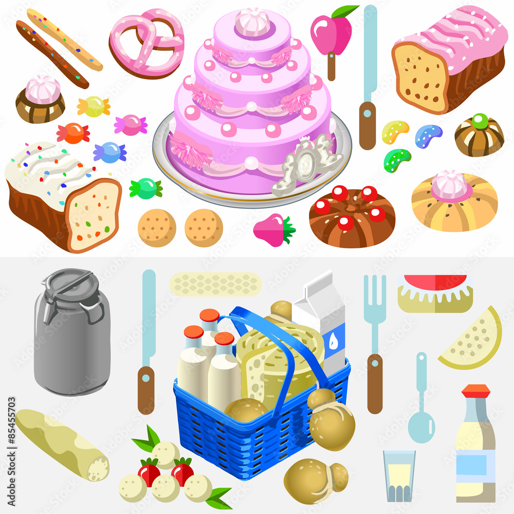 Food Set Candy and Dairy 3D Isometric