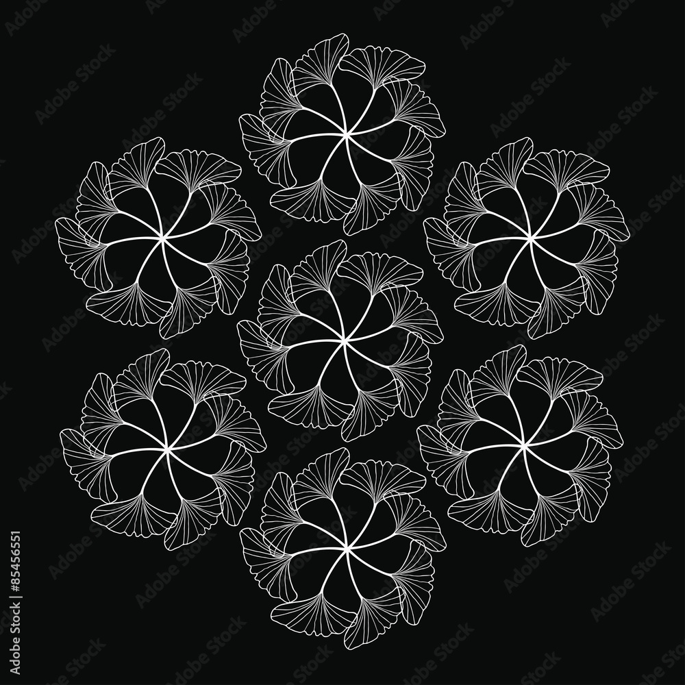 white gingko leaf circle sketch doodle pattern on black