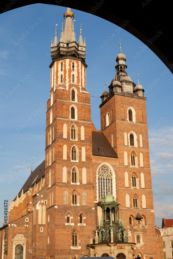 Church of St. Mary and the Cloth Hall in the main Market Square of Krakow in Poland.