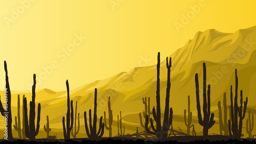 Horizontal illustration of prairie with cacti at sunset.