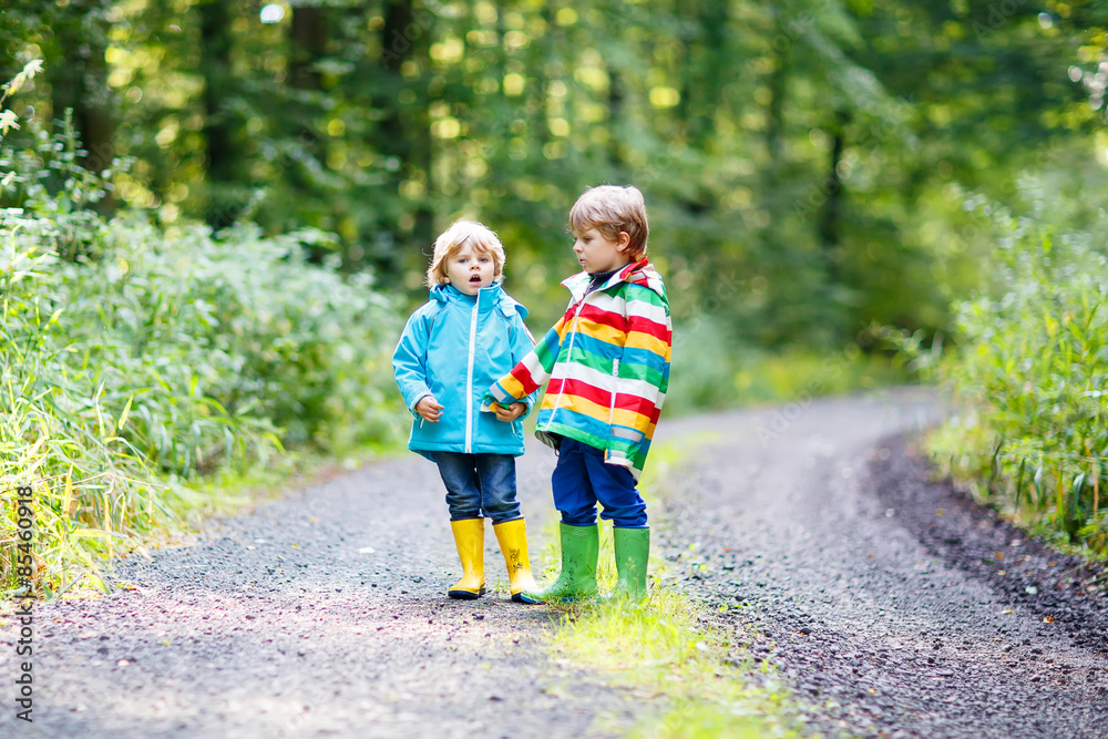 Two little sibling boys in colorful raincoats and boots walking Two little sibling boys in colorful raincoats and boots walking
