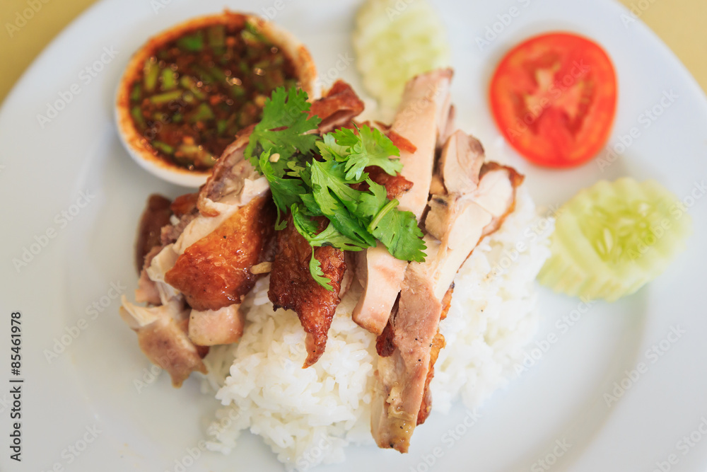 Grilled chicken with Rice and spicy sauce.Thai food Grilled chicken with Rice and spicy sauce.Thai food