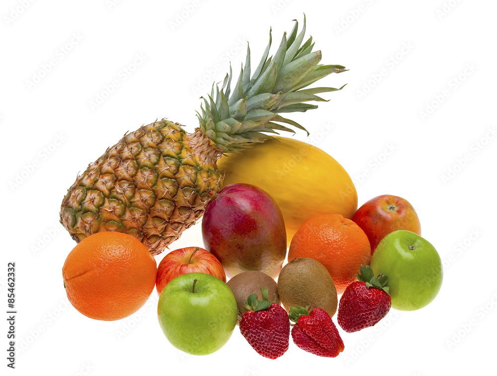 Obst - Ananas, Melone, Orange, Äpfel, Kiwis, Erdbeeren Obst - Ananas, Melone, Orange, Äpfel, Kiwis, Erdbeeren