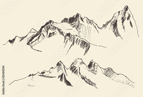 Mountains contours of the mountains engraving vector illustration hand drawn sketch