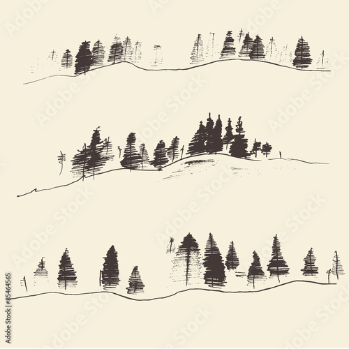 Mountains with fir forest contours of the mountains engraving vector illustration hand drawn sketch