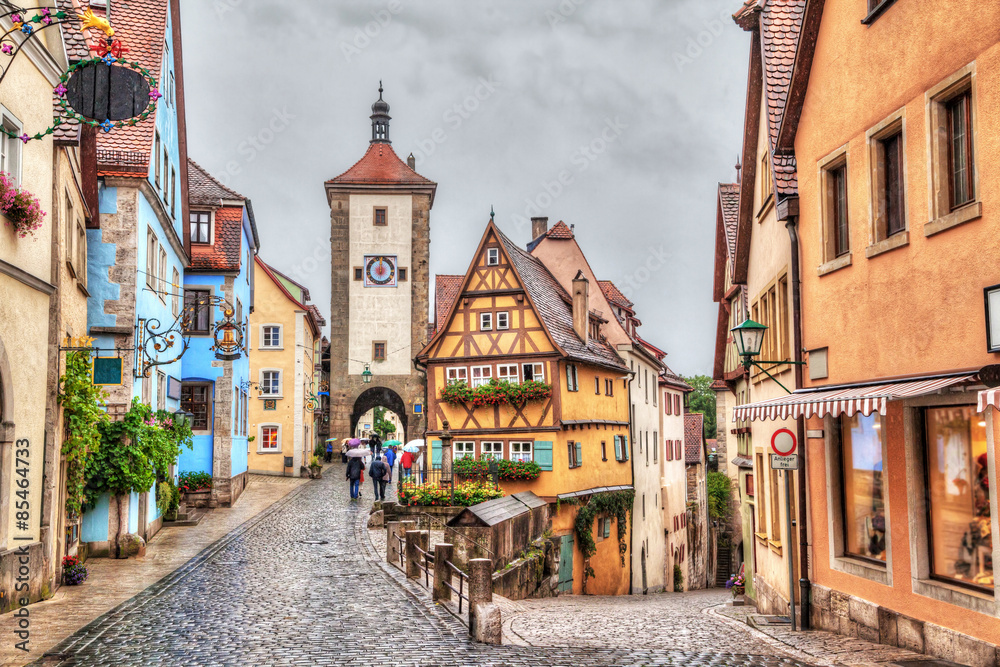Medieval town Rothenburg ob der Tauber in rainy weather