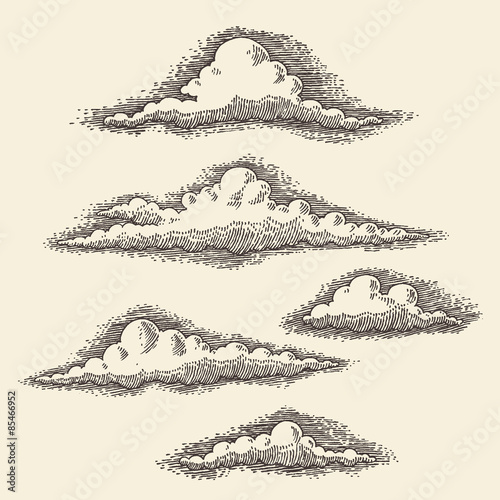 Retro clouds engraving vector illustration hand drawn sketch