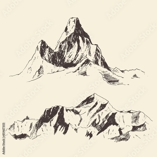 Mountains contours of the mountains engraving vector illustration hand drawn sketch