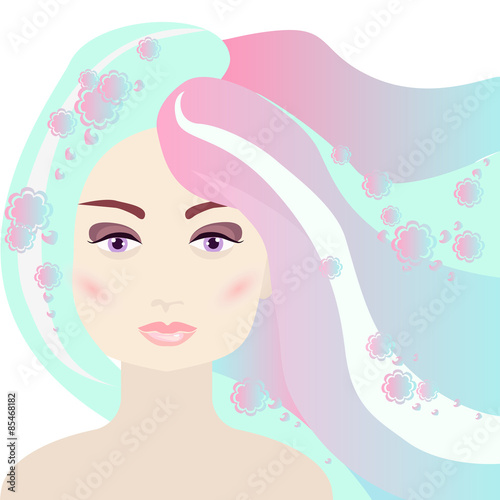 Abstract woman's face with makeup. Turquoise with pink long hair on a white background