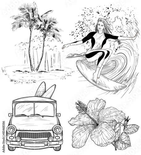 Set of Surfing Design beach style sketches