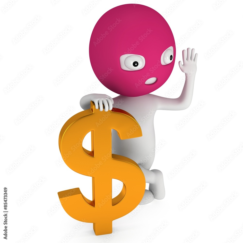 3d white thief stand with golden dollar sign 3d white thief stand with golden dollar sign