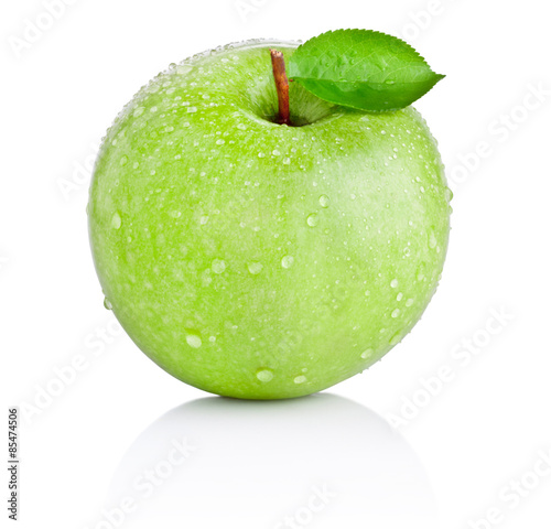 Green apple with leaf in water drops isolated on white backgroun