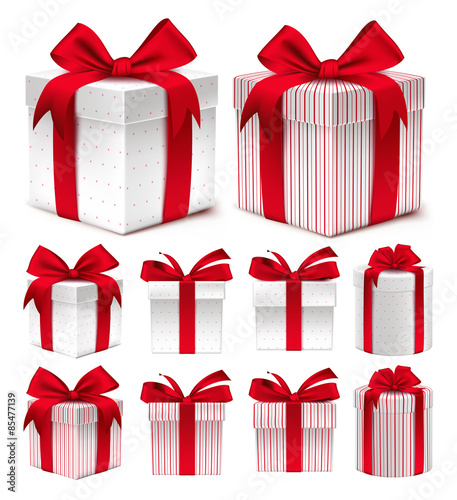 Realistic 3D Collection of Colorful Red Pattern Gift Box with Ribbon and Bow