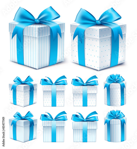 Realistic 3D Collection of Colorful Blue Pattern Gift Box with Ribbon and Bow