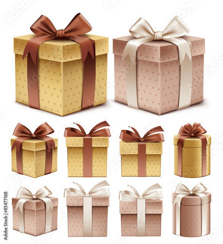 Realistic 3D Collection of Colorful Brown Pattern Gift Box with Ribbon and Bow