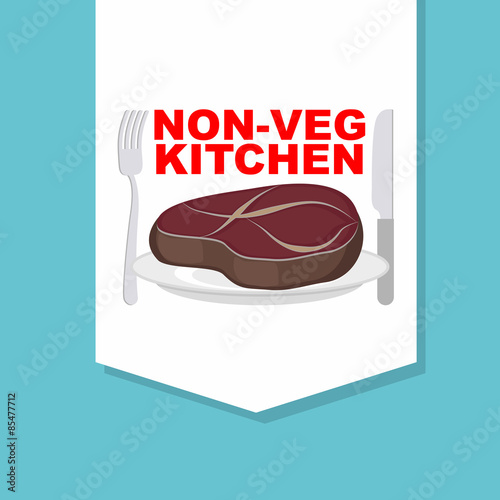 Steak on plate with cutlery: fork and knife. Logo for cafe or re