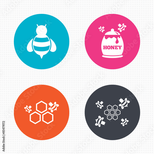 Honey icon. Honeycomb cells with bees symbol.