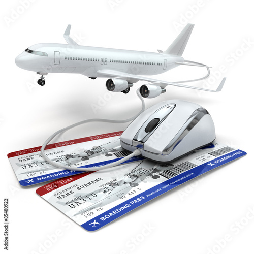 Online booking flight or travel concept. Computer mouse, airline
