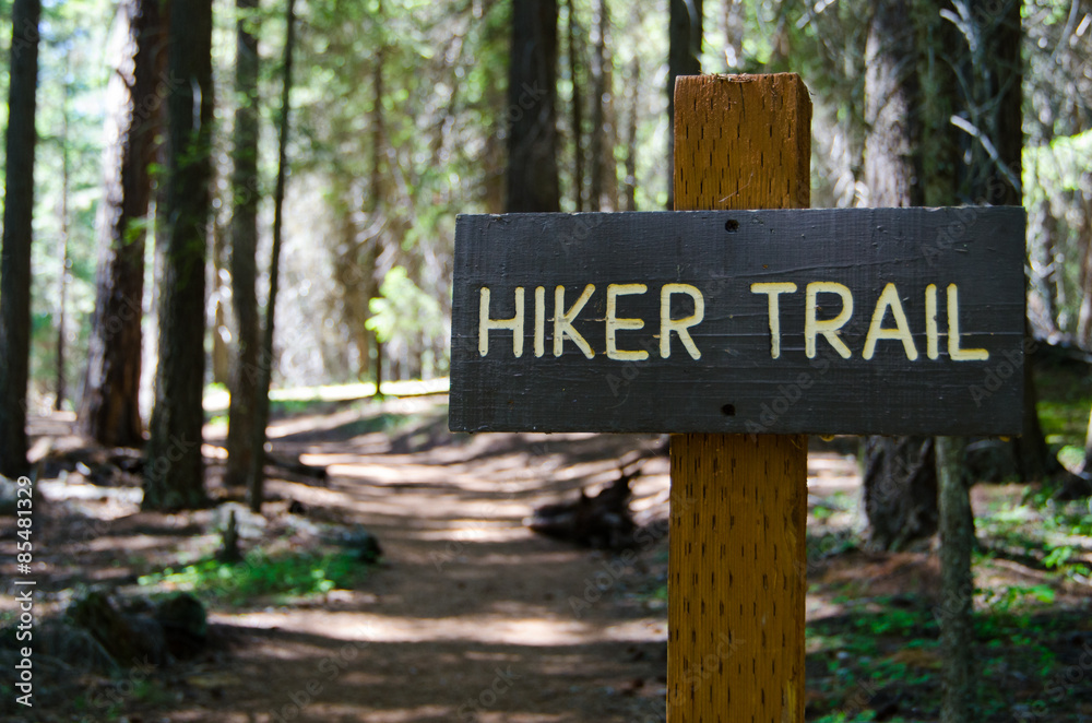 Hiker trail sign in the forest