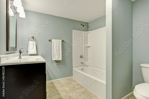 Classic tile bath room with mint walls.