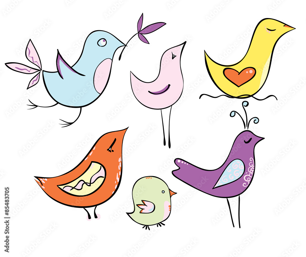 Set very lovely cartoon birds in pastel colors Set very lovely cartoon birds in pastel colors