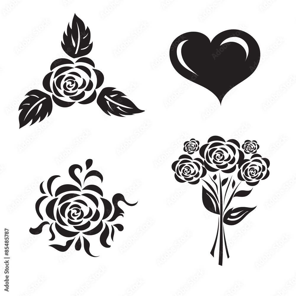 vector illustration of set of flowers with heart on white background 