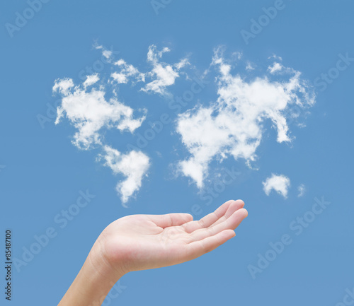 Hand and blue sky clouds map