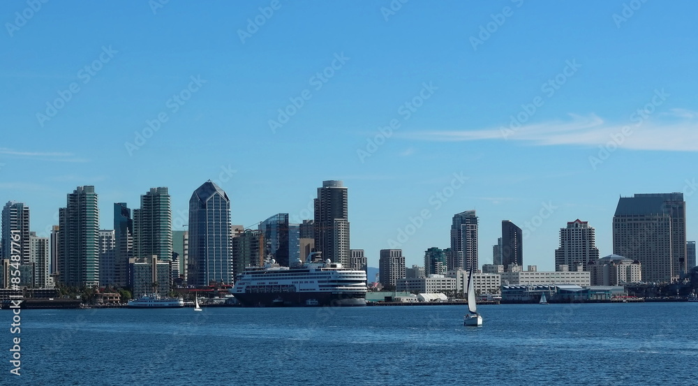 View of the City Skyline with water and boats 