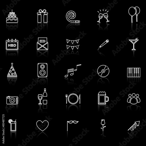 Birthday line icons with reflect on black